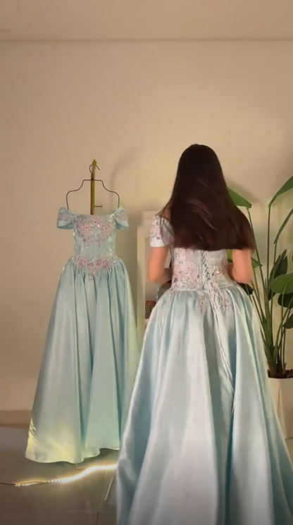 Pretty Blue Off The Shoulder Satin Beaded Long Party Dress Prom Gown SP3740