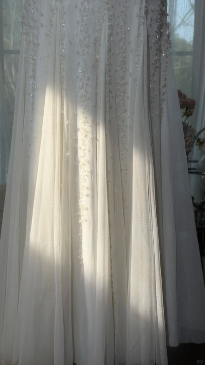 Sparkly Spaghetti Straps V Neck Chiffon Beaded Mermaid Evening Dress White Long Birthday Dress SP2179