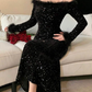 Shiny Off The Shoulder Black Sequin Feather Mermaid Prom Dress Long Evening Gown SP1016