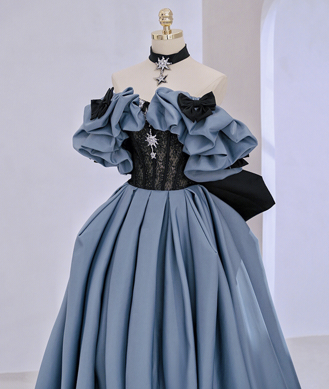 Off Shoulder Satin Lace Long Prom Dress, Blue Evening Dress Y2619