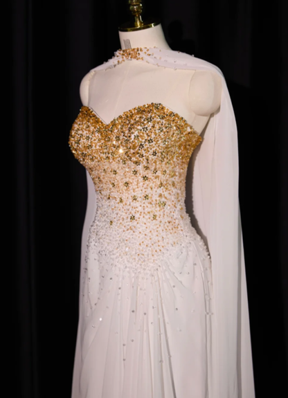Gorgeous Sweetheart Neck White Chiffon Beaded Long Evening Dress Prom Gown With Cape SP2237