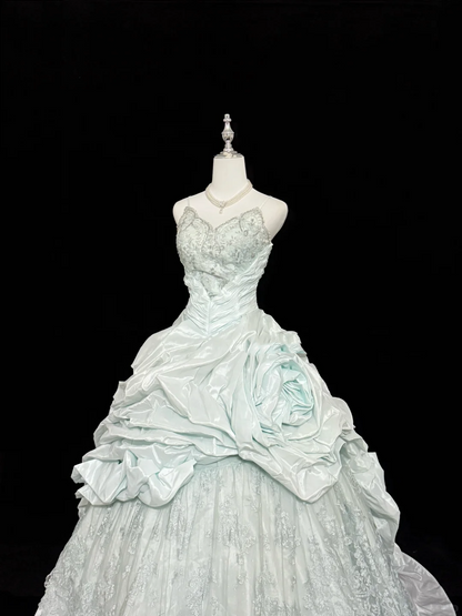 Glamorous Spaghetti Straps V Neck Lace Satin Pleated Floral Quinceanera Dress Sweet 16 Dress SP2219