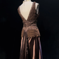 Vintage Brown Satin Chiffon Beaded Mermaid Long Party Dress Birthday Prom Dress SP1860
