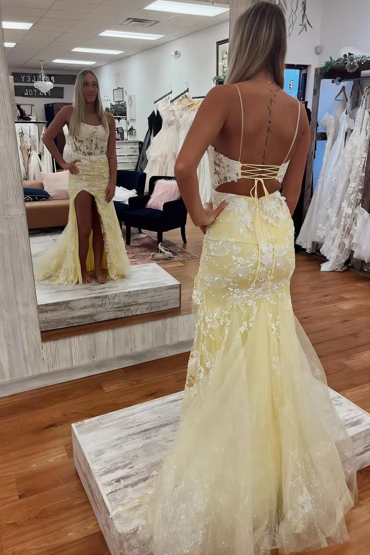 Floral Yellow Split Mermaid Prom Evening Dress Y6465