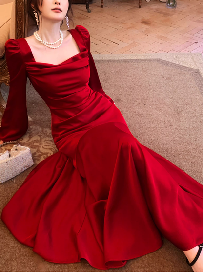 Chic Red Satin Mermaid Long Evening Dress Formal Birthday Prom Gowns SP1647