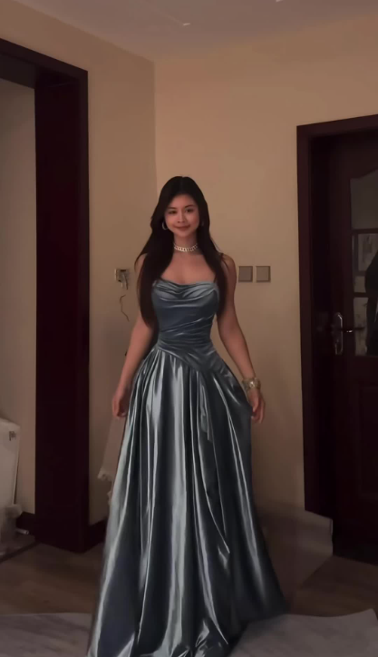 Fashion Spaghetti Straps Blue Satin Pleated ALine Party Dress Evening Dress SP235