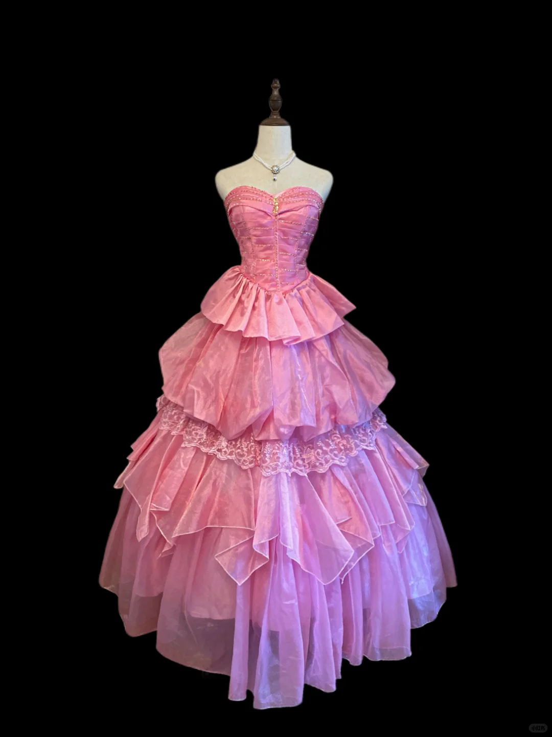 Pretty Strapless Pink Lace Satin Pleated Beaded Long Party Dress Evening Dress SP4091