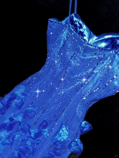 Glamorous Spaghetti Straps Royal Blue Satin Beaded Mermaid Long Prom Dress Party Gown SP368