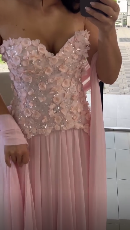 Elegant Pink Strapless Chiffon Appliques Long Party Dress Evening Dress SP3741