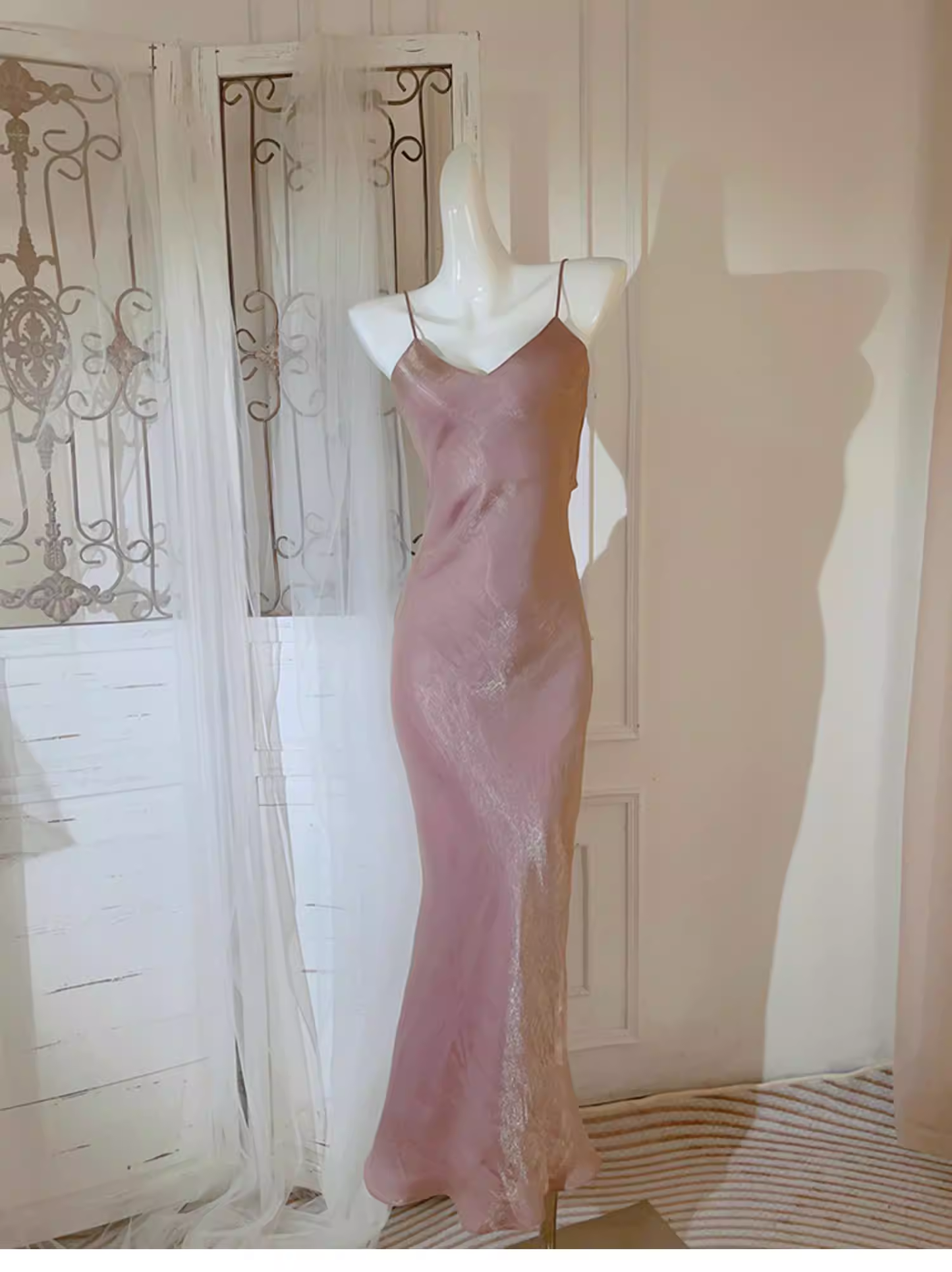 Classy Spaghetti Straps Pink V Neck Satin Mermaid Long Party Dress Formal Wedding Guest Dress SP2004