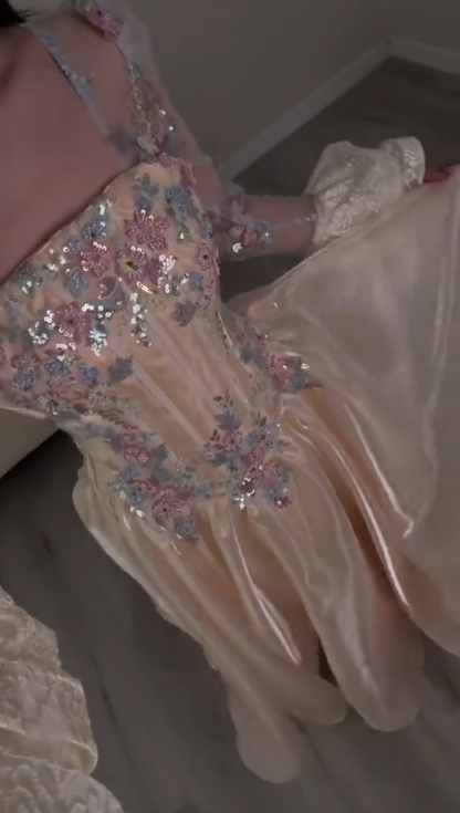 Charming Tulle Sequin Floral A Line Long Party Dress Light Champagne Birthday Dress Prom Gown SP2271