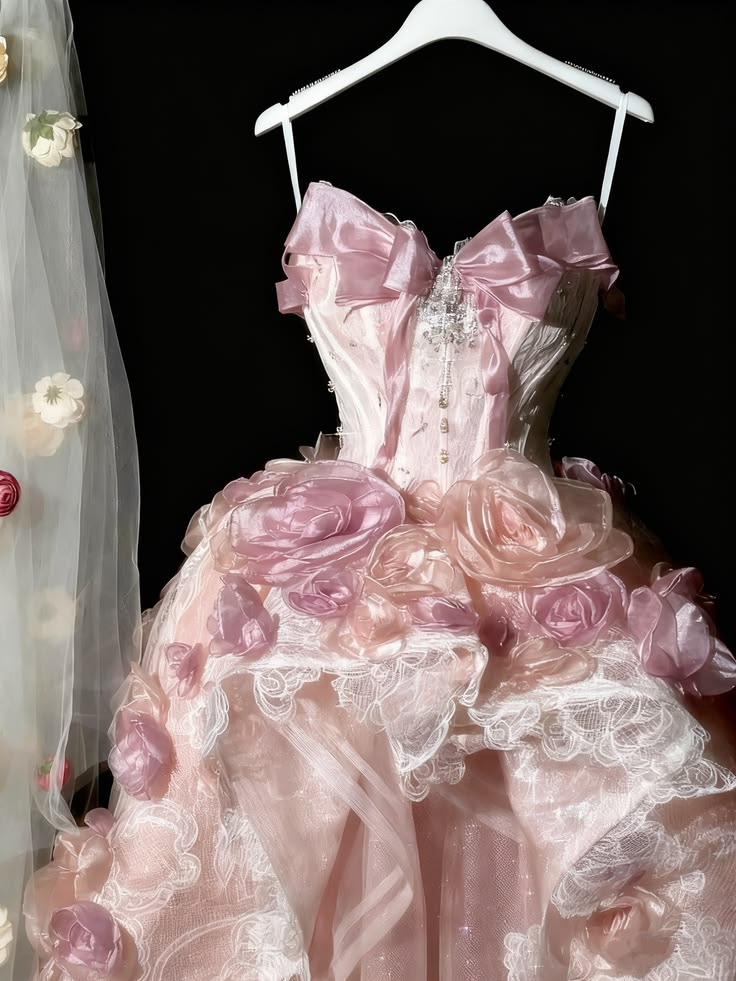 Glamorous Pink Tulle Lace 3D Floral Long Party Dress Prom Dresses SP3709