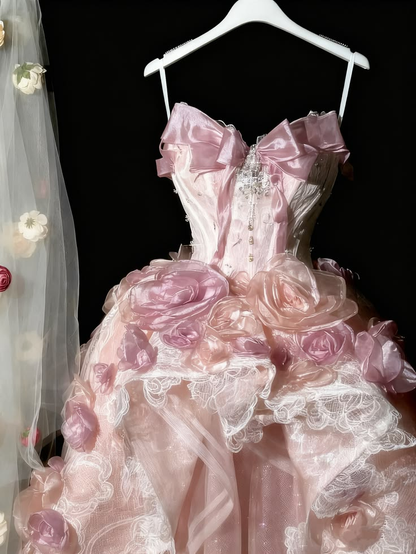 Glamorous Pink Tulle Lace 3D Floral Long Party Dress Prom Dresses SP3709