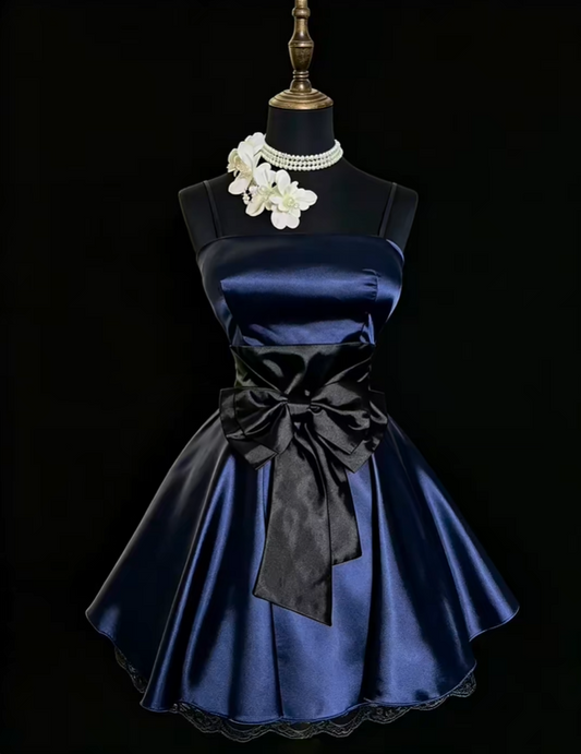 Vintage Spaghetti Straps Navy Blue Satin Lace A Line Short 6th Grade Homecoming Dress,Formal Birthday Outfits With Bow SP2770