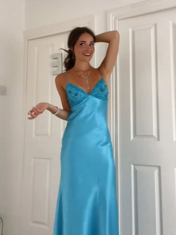 Pretty Blue Satin Mermaid Backless Long Prom Dress Evening Dress Y7516