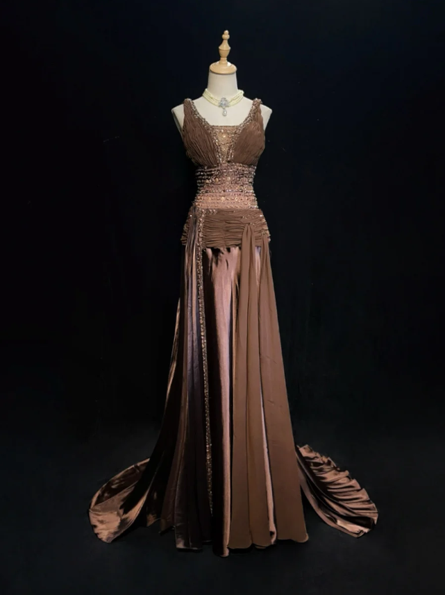 Vintage Brown Satin Chiffon Beaded Mermaid Long Party Dress Birthday Prom Dress SP1860