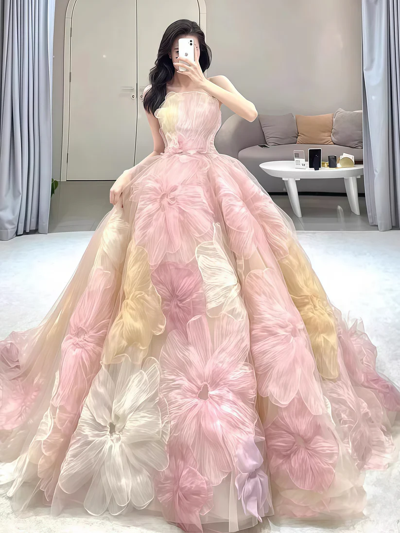 Dream Princess Floral Ball Gown, Strapless A-line Wedding Dress Y8289