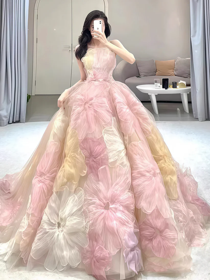 Dream Princess Floral Ball Gown, Strapless A-line Wedding Dress Y8289