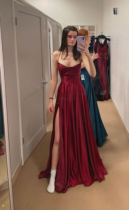 Burgundy A-line Floor-Length Satin Solid Color Prom Dresses Backless Sleeveless Elegant Senior Prom Dress Y4388