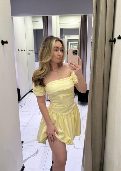 Cute Off The Shoulder Yellow Satin A Line Short Homecoming Dress Birthday Dress SP3963