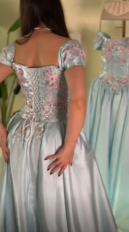 Pretty Blue Off The Shoulder Satin Beaded Long Party Dress Prom Gown SP3740