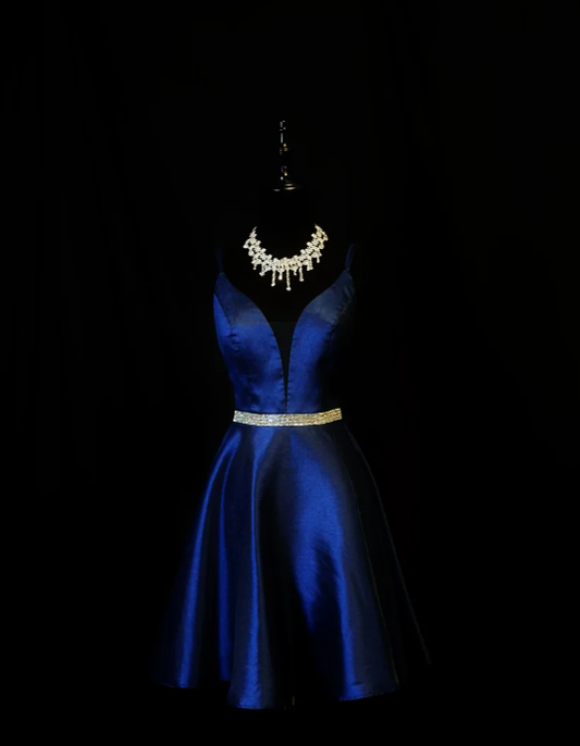 Elegant Spaghetti Straps Satin Beaded Homecoming Dress Navy Blue A Line Backless Cocktail Dress Y8953