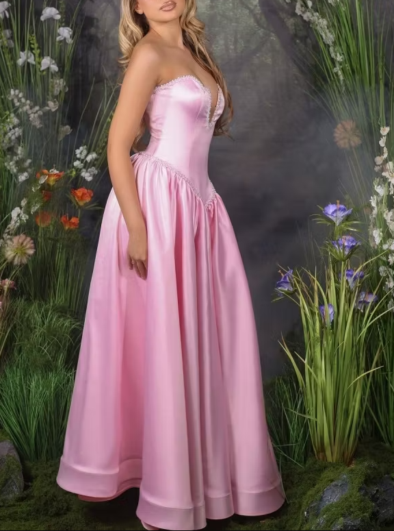 Elegant Pink Strapless Satin Beaded A Line Long Party Dress Birthday Prom Dress SP3027