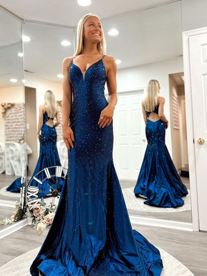 Sparkly Mermaid V Neck Long Prom Dress Y6759