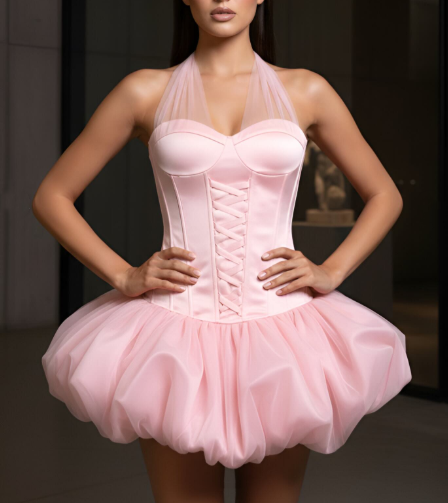 Sweet Halter Pink Satin Tulle A Line Short 19th Birthday Outfits,Mini Homecoming Dress SP3220