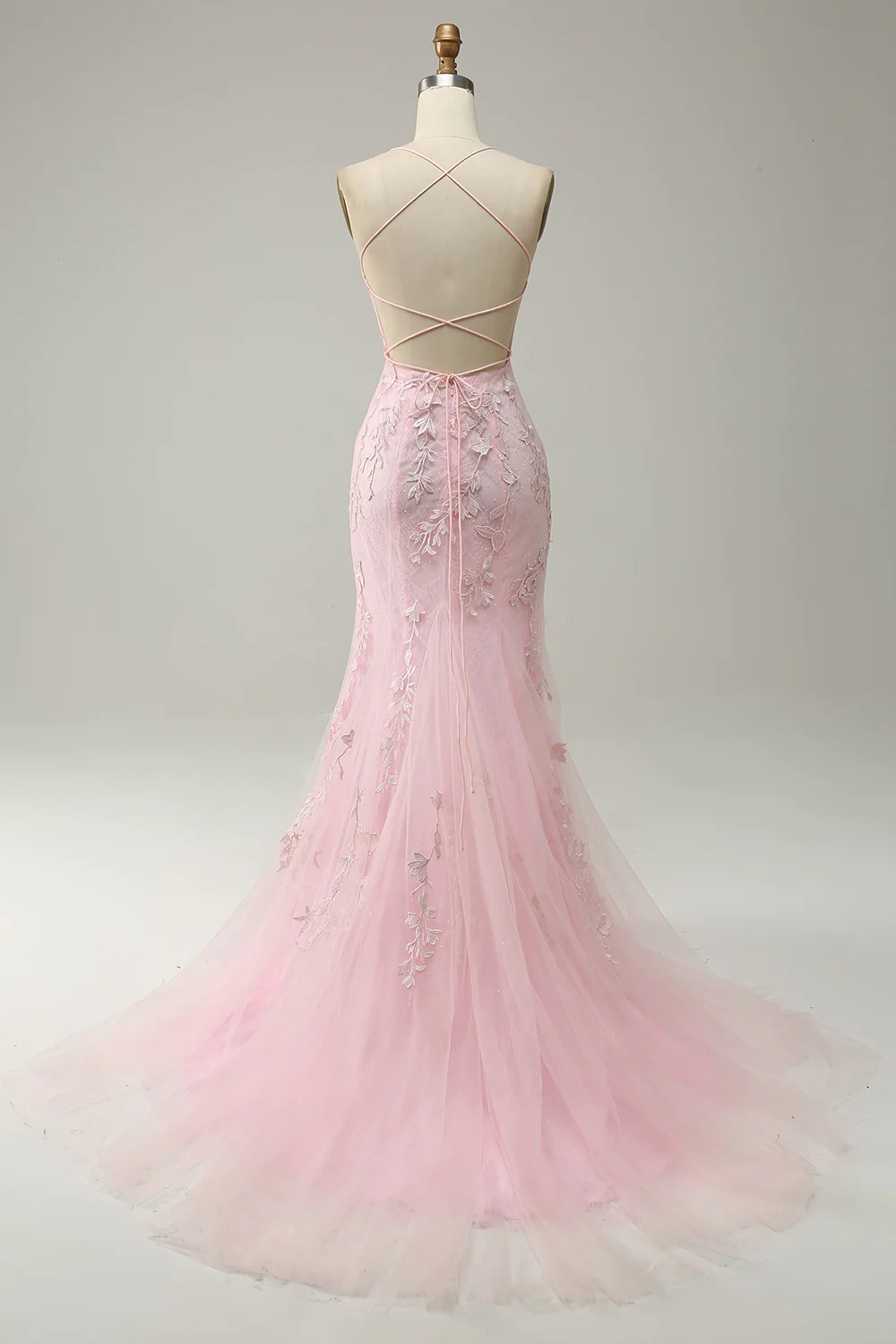 Mermaid Spaghetti Straps Light Pink Long Prom Dress with Appliques Y2316