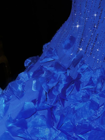 Glamorous Spaghetti Straps Royal Blue Satin Beaded Mermaid Long Prom Dress Party Gown SP368