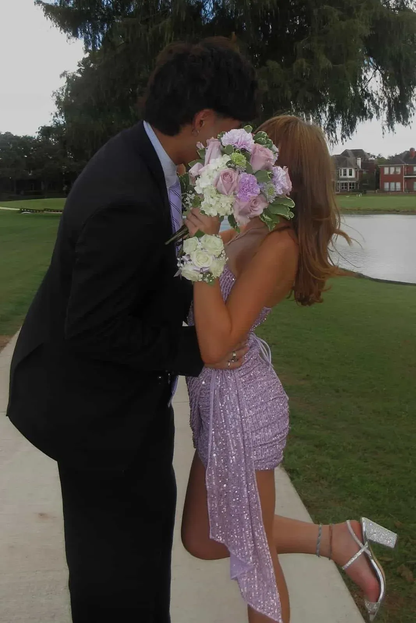 Pretty Strapless Sequin Sheath Short Prom Dress Purple Short Homecoming Dress SP3601