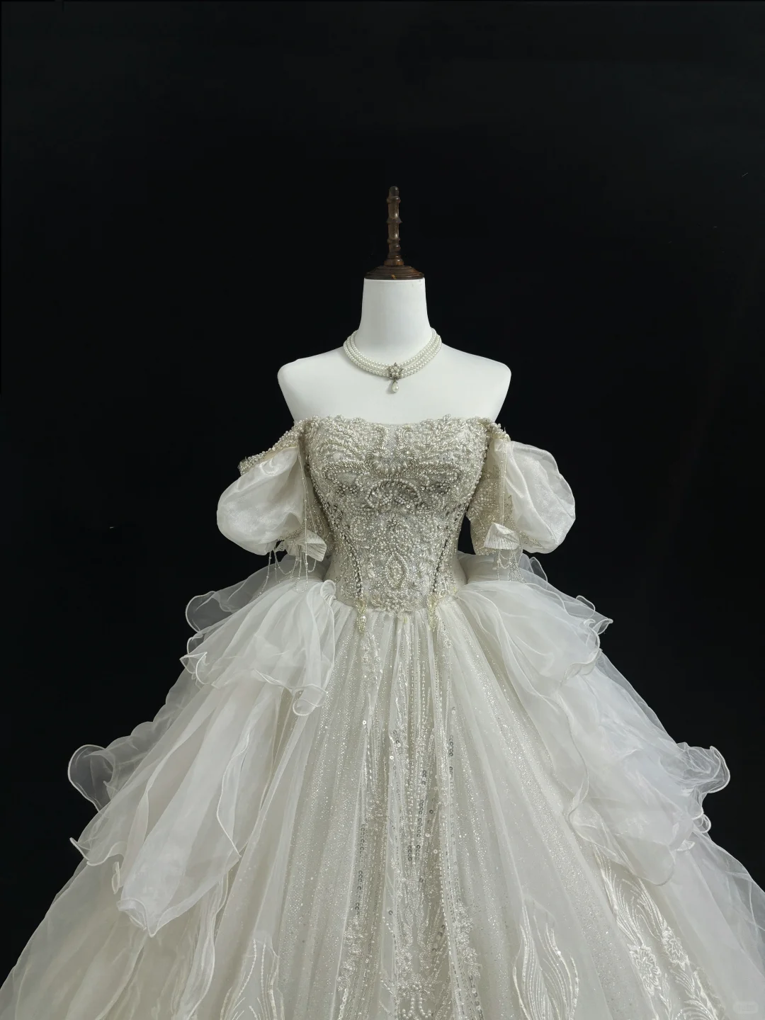 Sparkly Off The Shoulder White Tulle Lace Beaded Long Wedding Dress Bridal Gowns SP2216