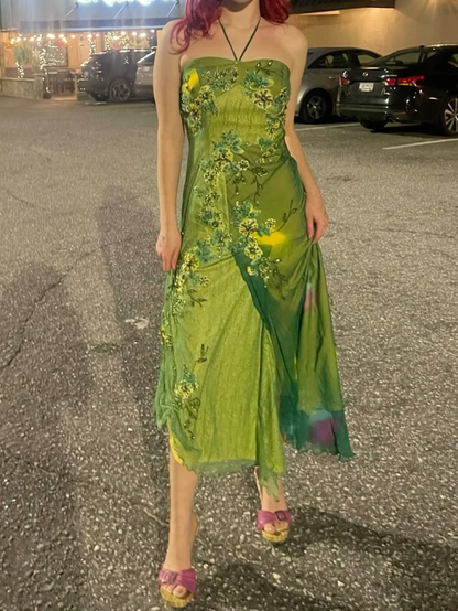Vintage Green Halter Chiffon Beaded Appliques Long Prom Dress Birthday Party Dress SP308