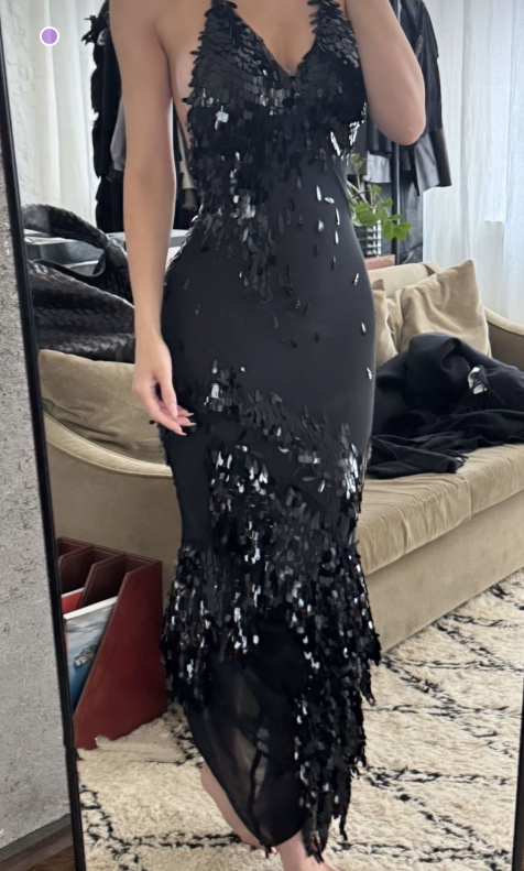 Sexy Spaghetti Straps V Neck Black Satin Sequin Sheath Evening Dress Long Party Dress SP195