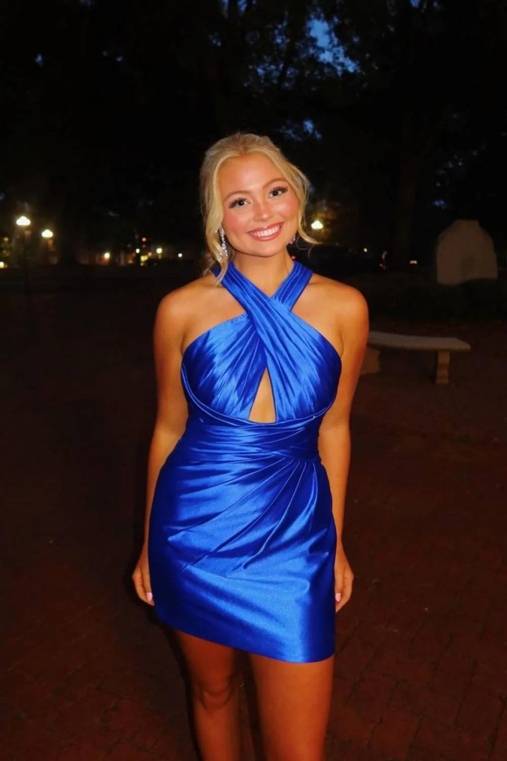 Sexy Royal Blue Satin Pleated Short Homecoming Dress Cocktail Dress with Keyhole SP3795