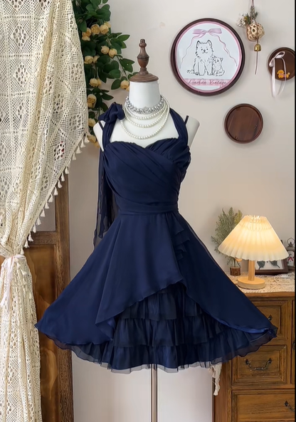 Classy Halter Chiffon Tulle Cocktail Dress Navy Blue A Line Grade Homecoming Dress Birthday Outfits Y8889