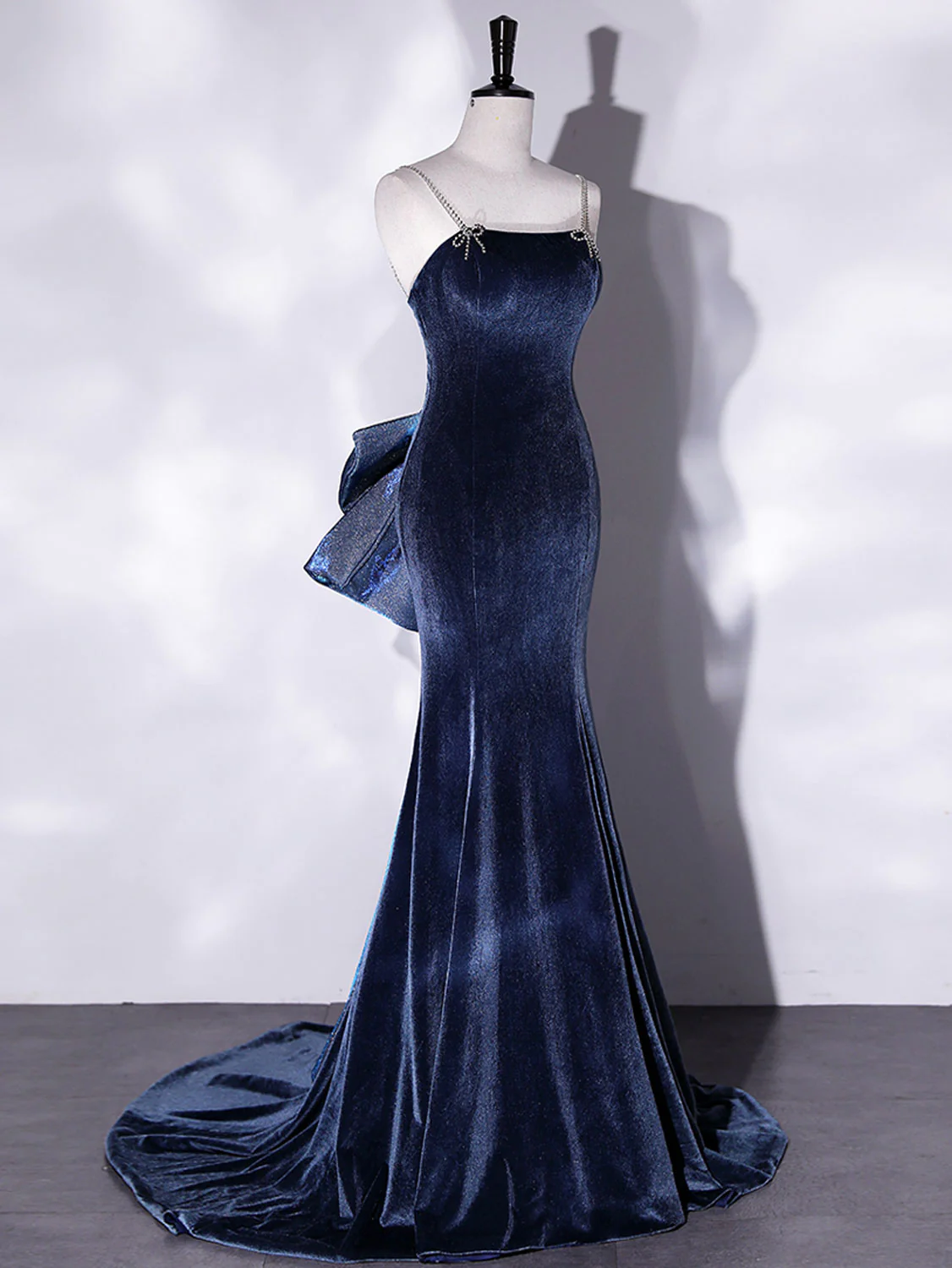 Mermaid Velvet Blue Long Prom Dresses, Blue Velvet Long Evening Dress Y4387