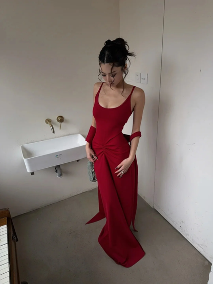 Fashion Red Spaghetti Strap Satin Mermaid Long Prom Dresses 18th Birthday Party Dress With Scarf  SP3982