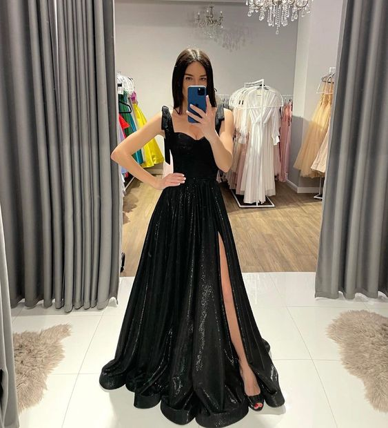 Black A-line Straps Prom Dress With Split,Black Senior Prom Gown Y6124