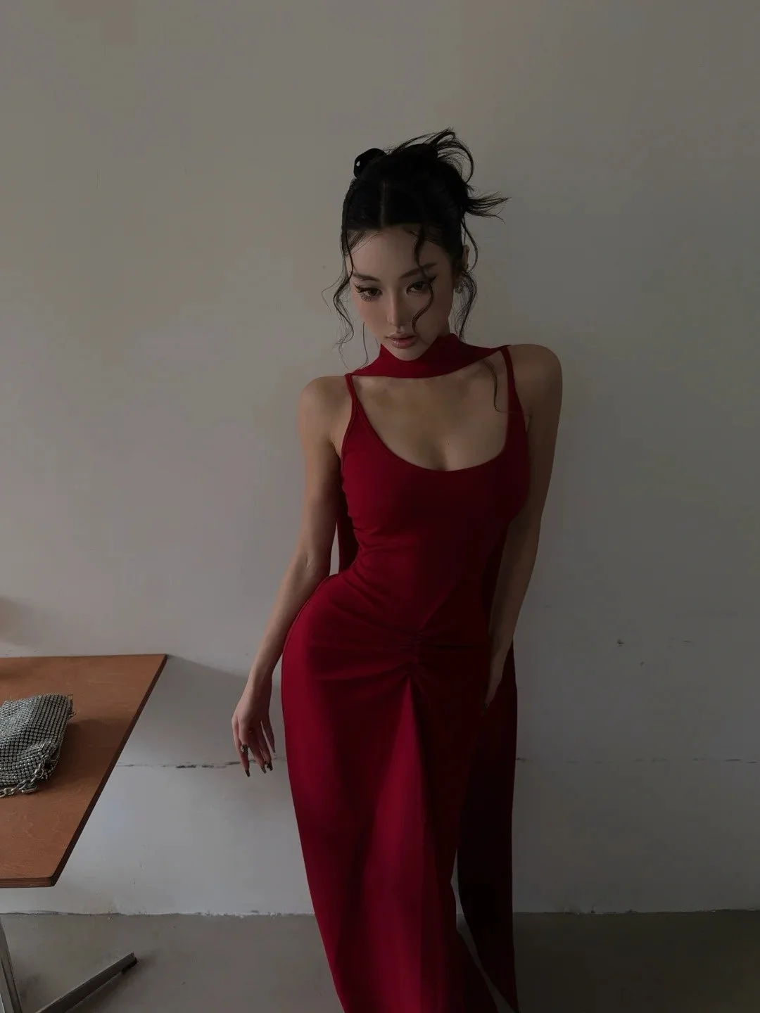 Fashion Red Spaghetti Strap Satin Mermaid Long Prom Dresses 18th Birthday Party Dress With Scarf  SP3982