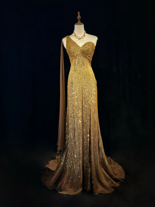 Gorgeous One Shoulder Gold Sequin Beaded Mermaid Long Prom Dress Party Gown SP1857