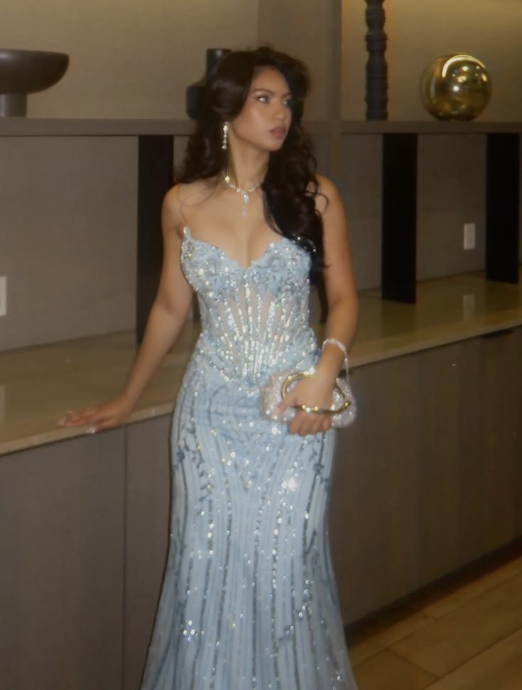 Elegant Blue Tulle Beaded Mermaid Long Party Dress Strapless Long Wedding Guest Dress SP3726