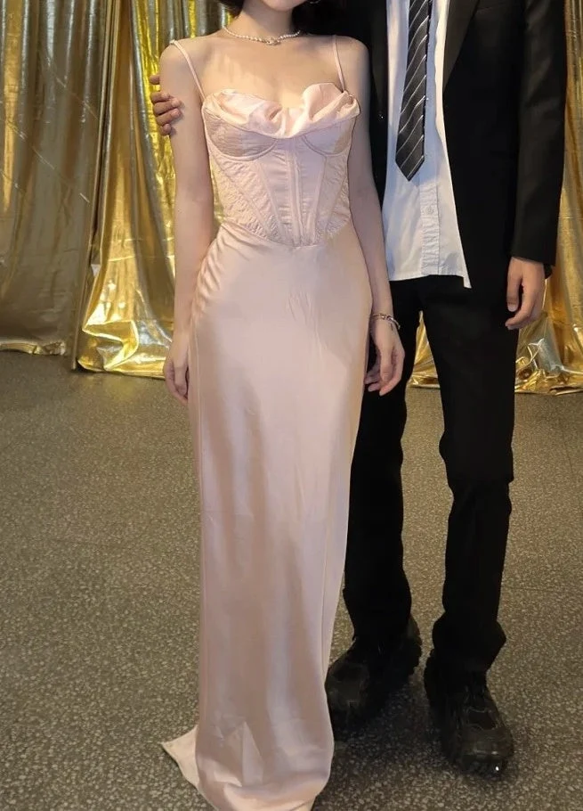 Fashion Prom Dress Light Pink Spaghetti Straps Satin Sheath Long Birthday Party Dress SP3879