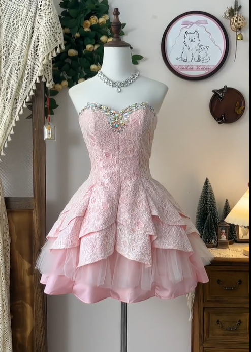 Classy Pink Satin Lace Beaded Birthday Outfits Strapless A Line Homecoming Dress Cocktail Dress Y8969
