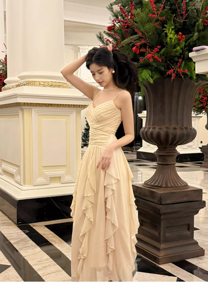 Classy White Spaghetti Straps Chiffon Ruffles Long Wedding Guest Dress Party Dress SP2011