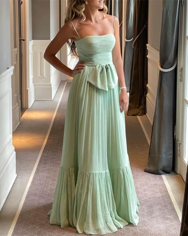 Light Green Pleated Tulle Spaghetti Strap Prom Dress Y5946