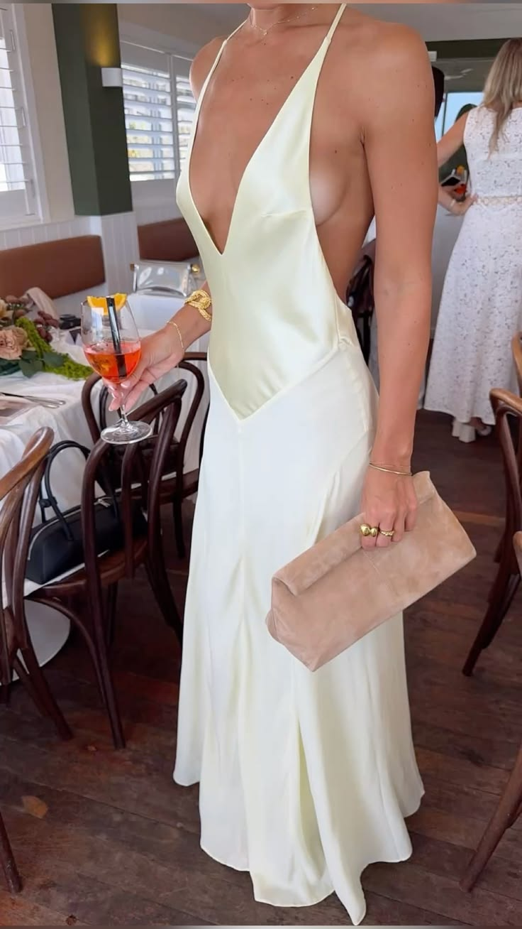 Sexy Halter Deep V Satin Long Wedding Guest Dress Pastel Yellow Mermaid Long Party Dress SP3929