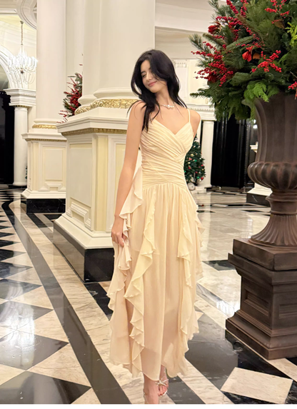 Classy White Spaghetti Straps Chiffon Ruffles Long Wedding Guest Dress Party Dress SP2011