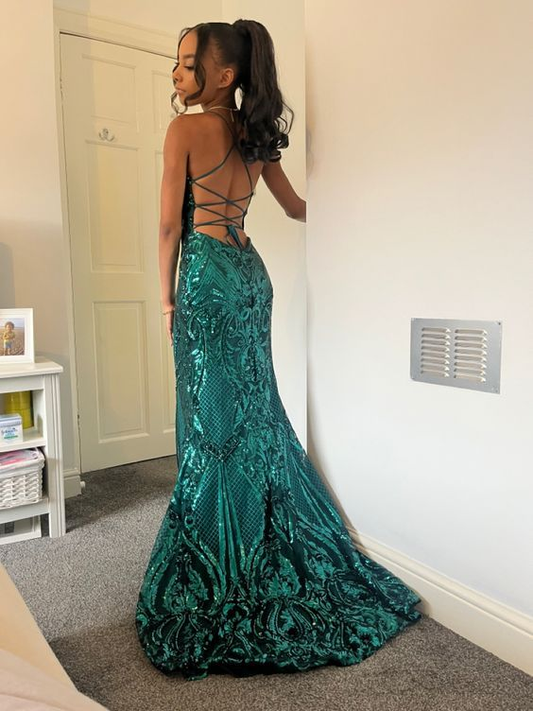 Dark Green V Neck Glitter Mermaid Long Prom Dress Y5976